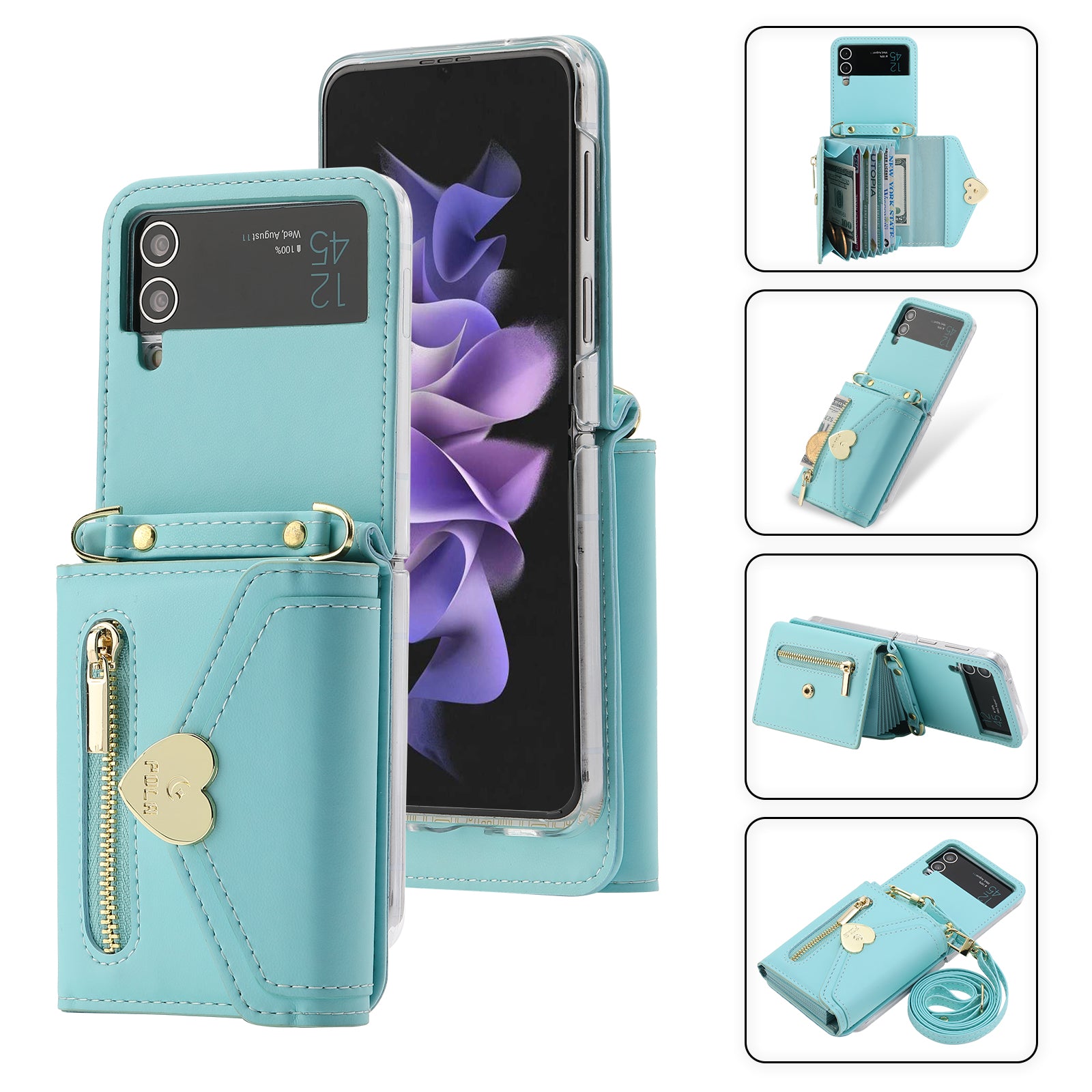 POLA Crossbody Leather Phone Case For Samsung Galaxy Z Flip3 5G Zipper Purse Kickstand Wallet Phone Cover POLA Crossbody Leather Phone Case For Samsung Galaxy Z Flip3 5G Zipper Purse Kickstand Wallet Phone Cover